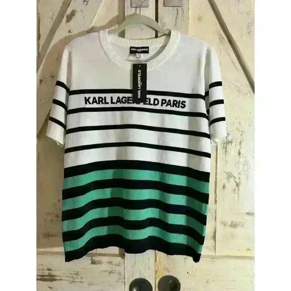 Karl Lagerfeld Paris NWT Short Sleeve Sweater, Green Stripe, Logo, Women Size L